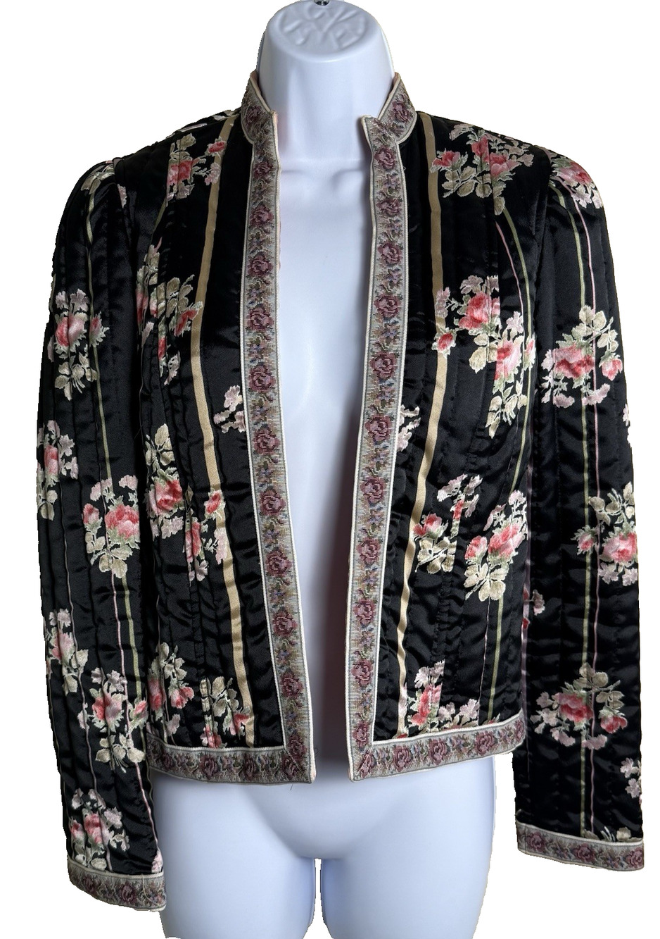 Vtg Malbe Quilted Silk Jacket open front Whimsigoth Boho Cottagecore Retro Flora